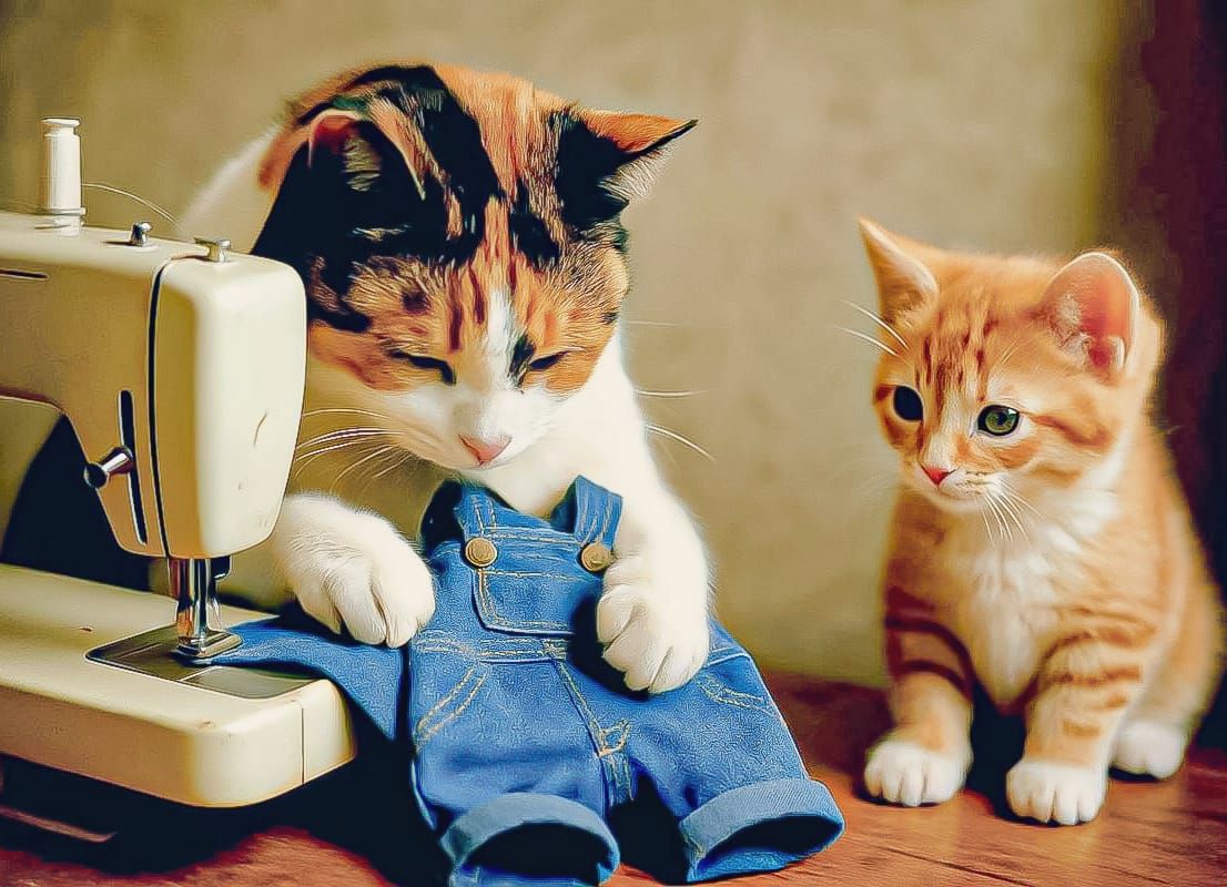 Calico Mother Cat Sewing Overalls for Her Boy Kitten