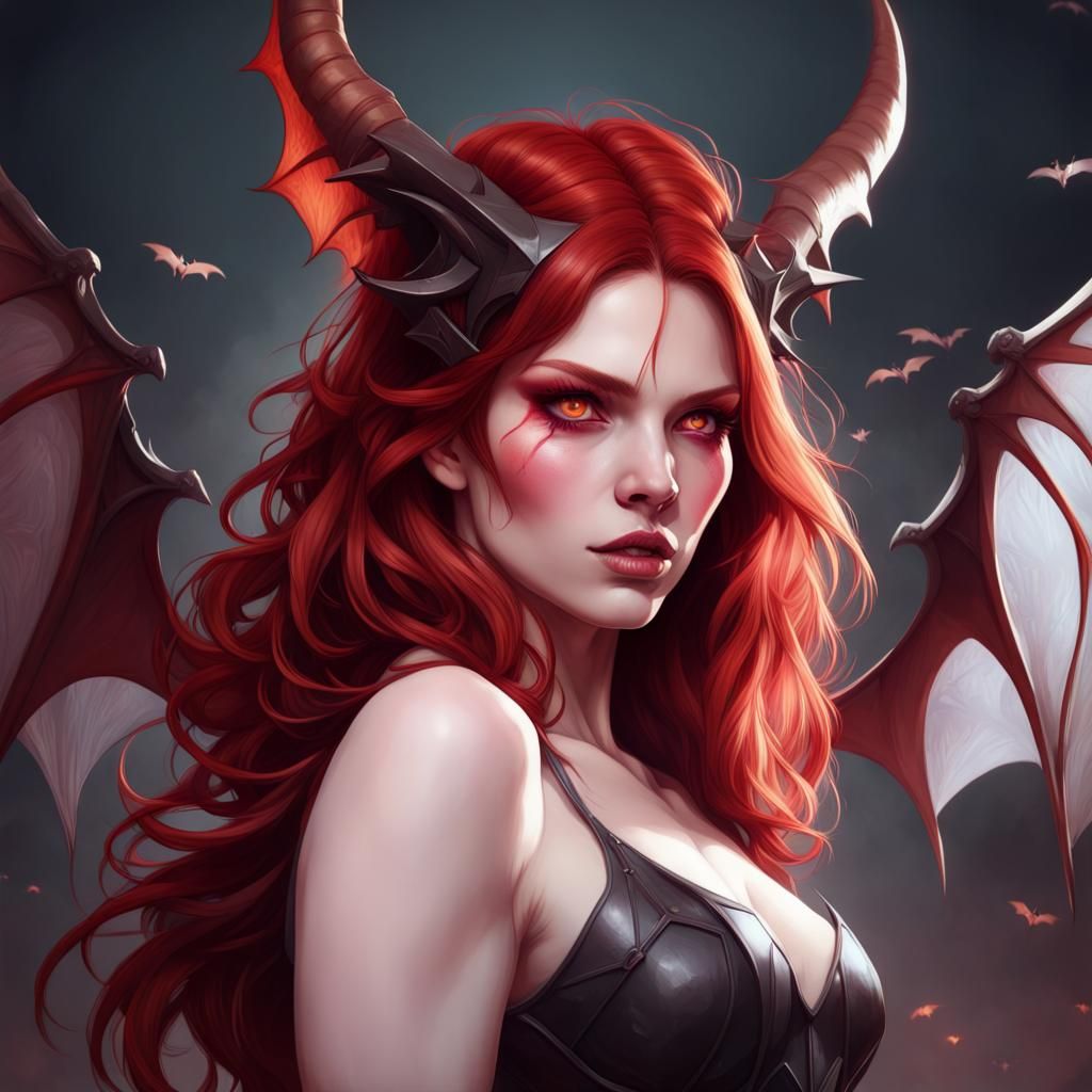 Red haired demon woman, red eyes, pale skin, two horns on her forehead ...