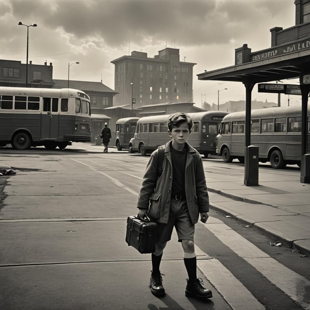 little boy at a bus station, short trousers, long socks, shoes. Suitcase, bus, passengers, road, houses. Dark day. Black and white. Style Fr...