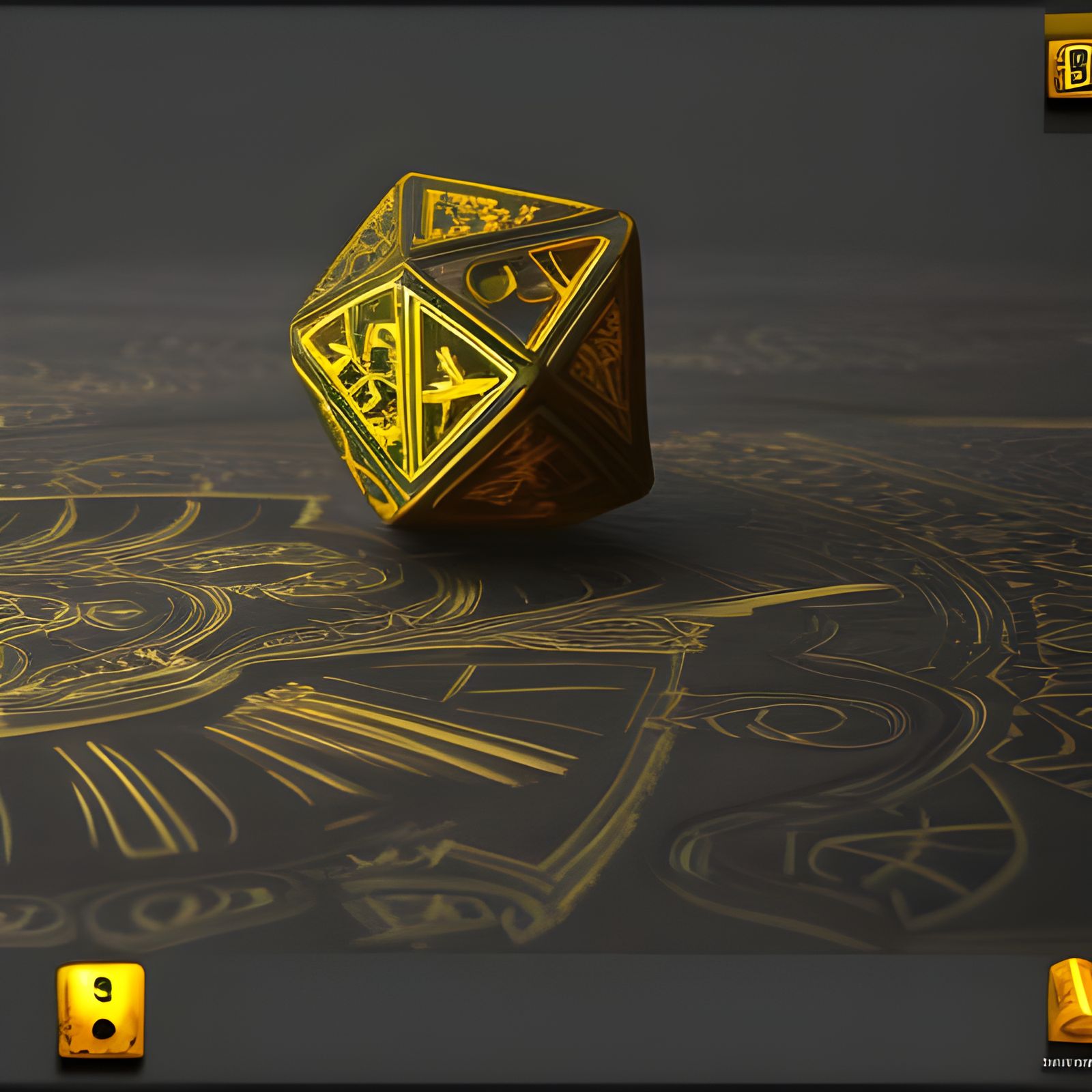3D dice, black and gold