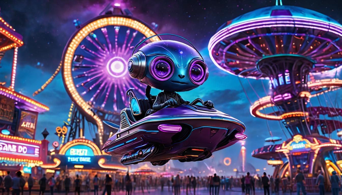 space alien riding a fly saucer ride in a amusement park, 8k resolution concept art , intricately detailed, dynamic lighting, colorful 