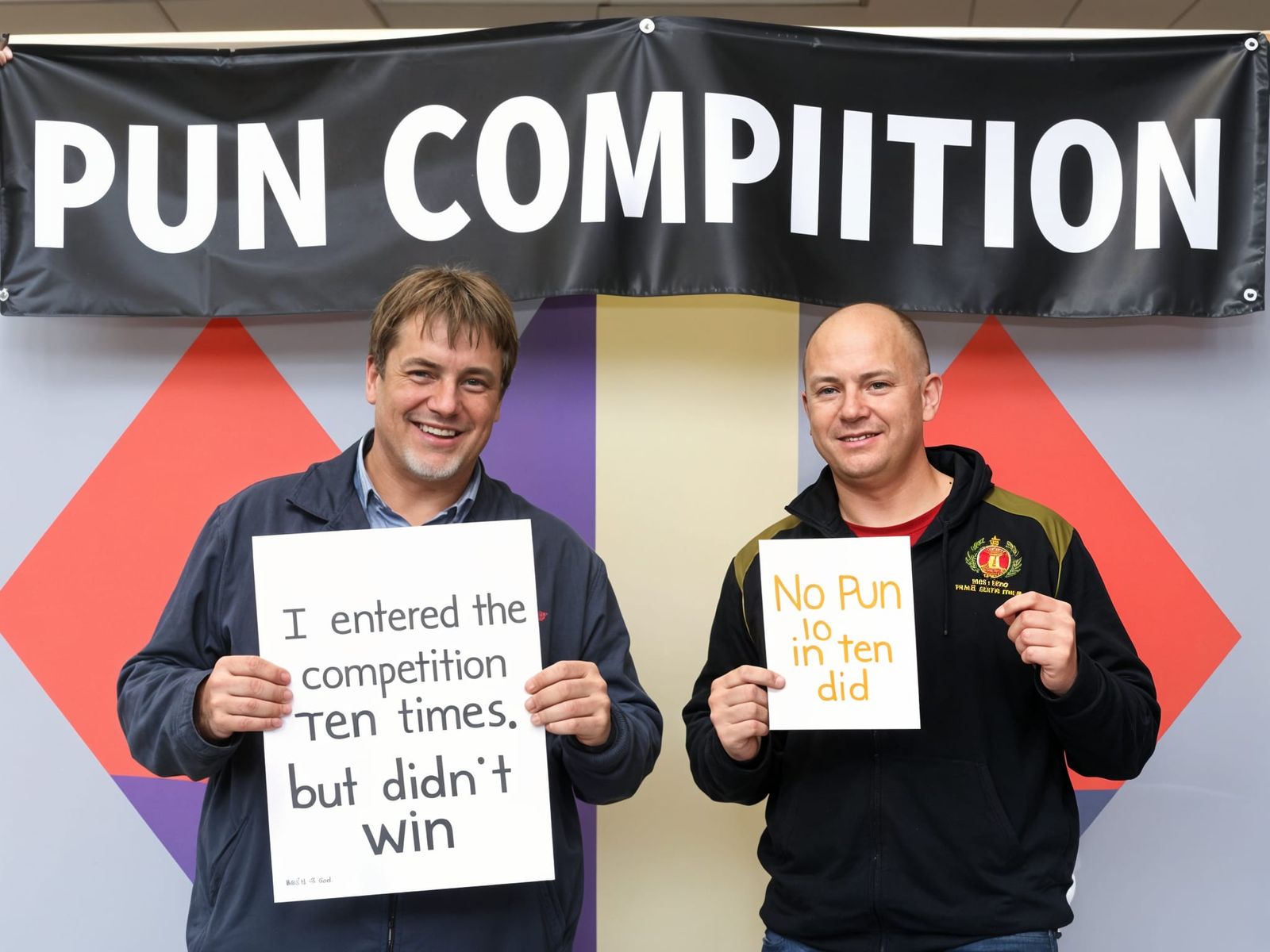 Two Men standing under a banner that reads "PUN COMPETITION"