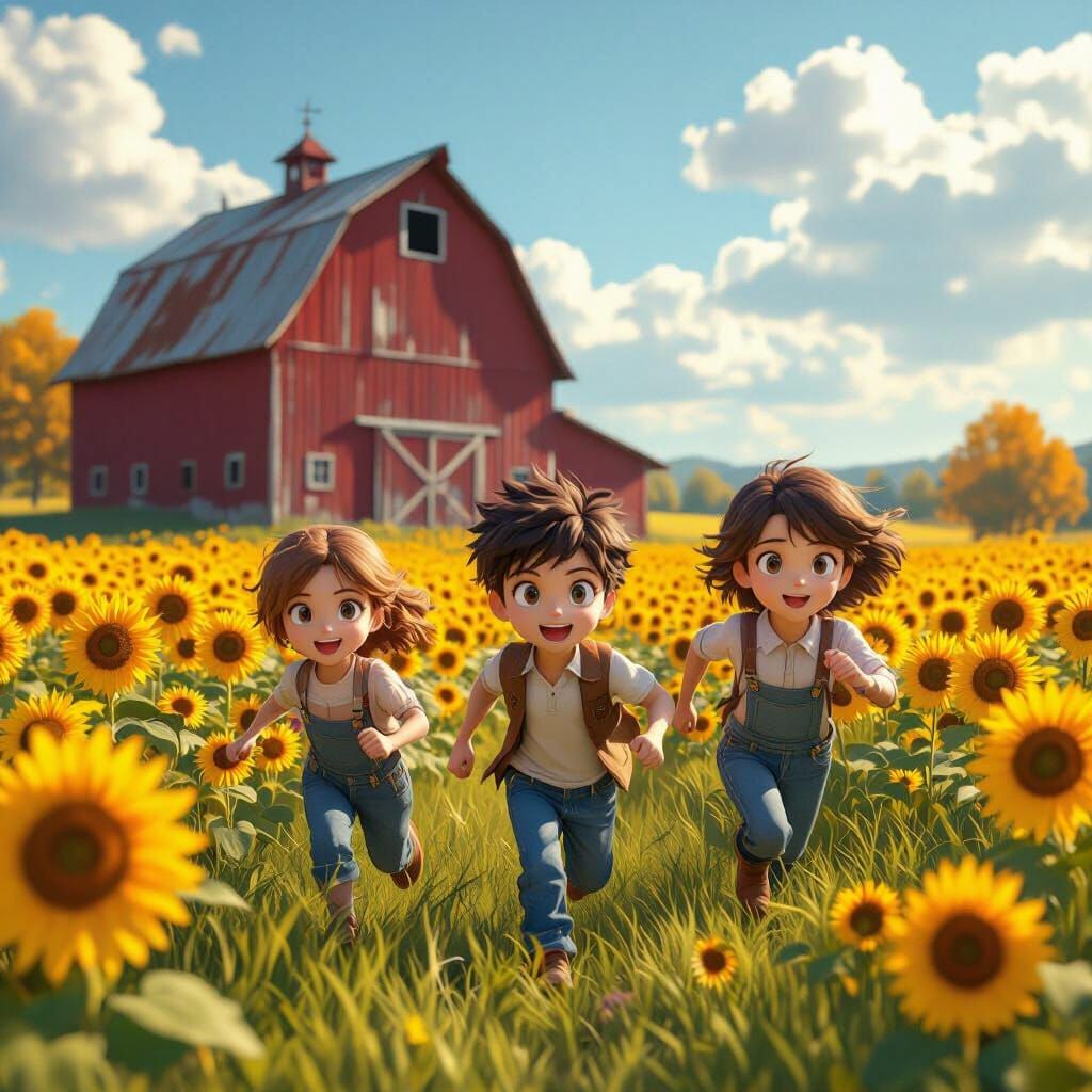 3 kids running through a field of sunflowers on a bright fall afternoon a huge red barn in the background