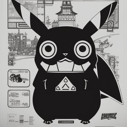 blueprint of mad pikachu pokemon sketch, black and white, plan, full ...