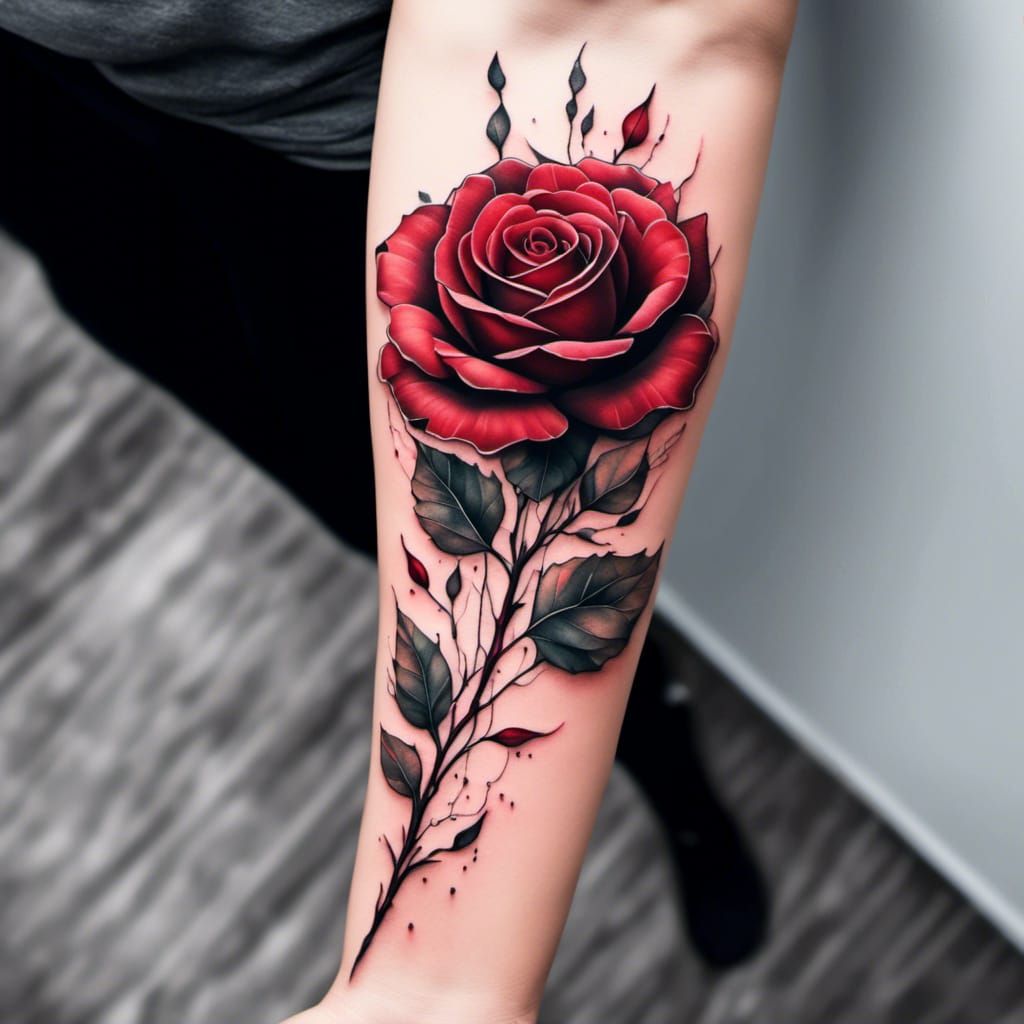 Micro-realistic red rose tattoo on the forearm.
