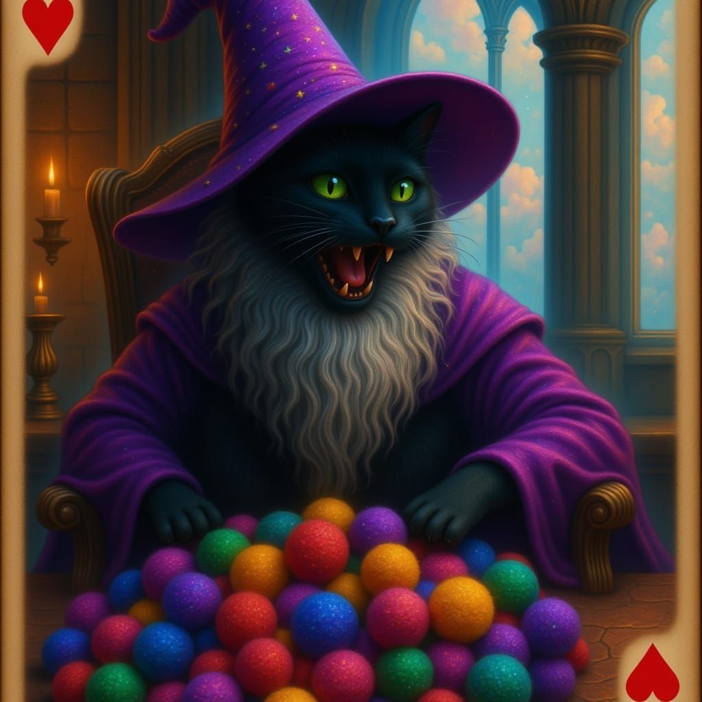 in a 7 of red hearts playing card style black cat with emerald green eyes laughing mischievous as a wizard in purple robes and wizard hat wi...