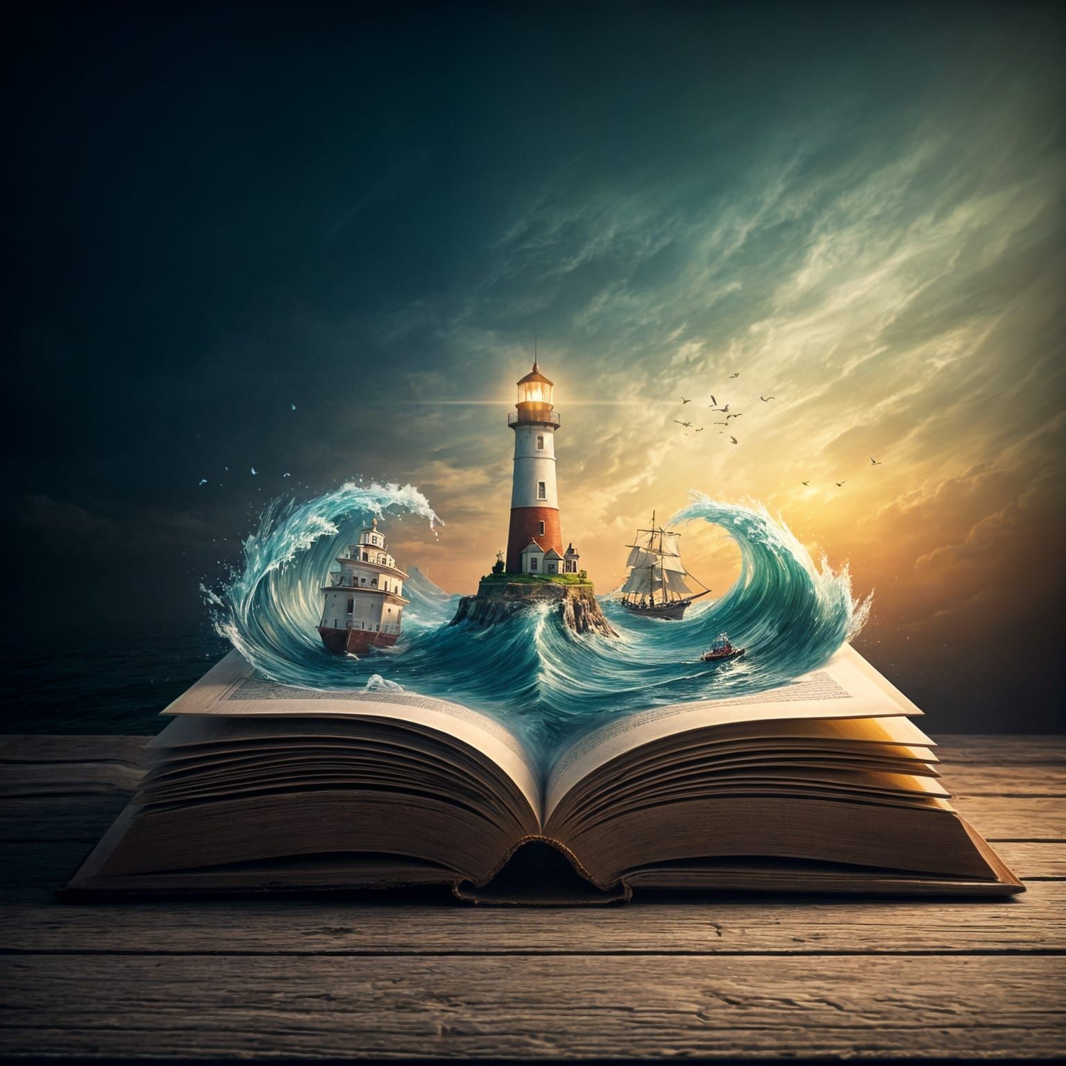 On the table lies an open book with an island inside and a lighthouse in the middle, the book pages act ...  by @Likra