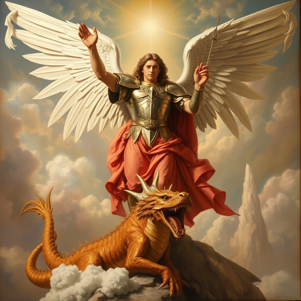 The Archangel Michael stands triumphant over a defeated dragon, his wings spread wide in a display of divine power. He is clad in shining ar...