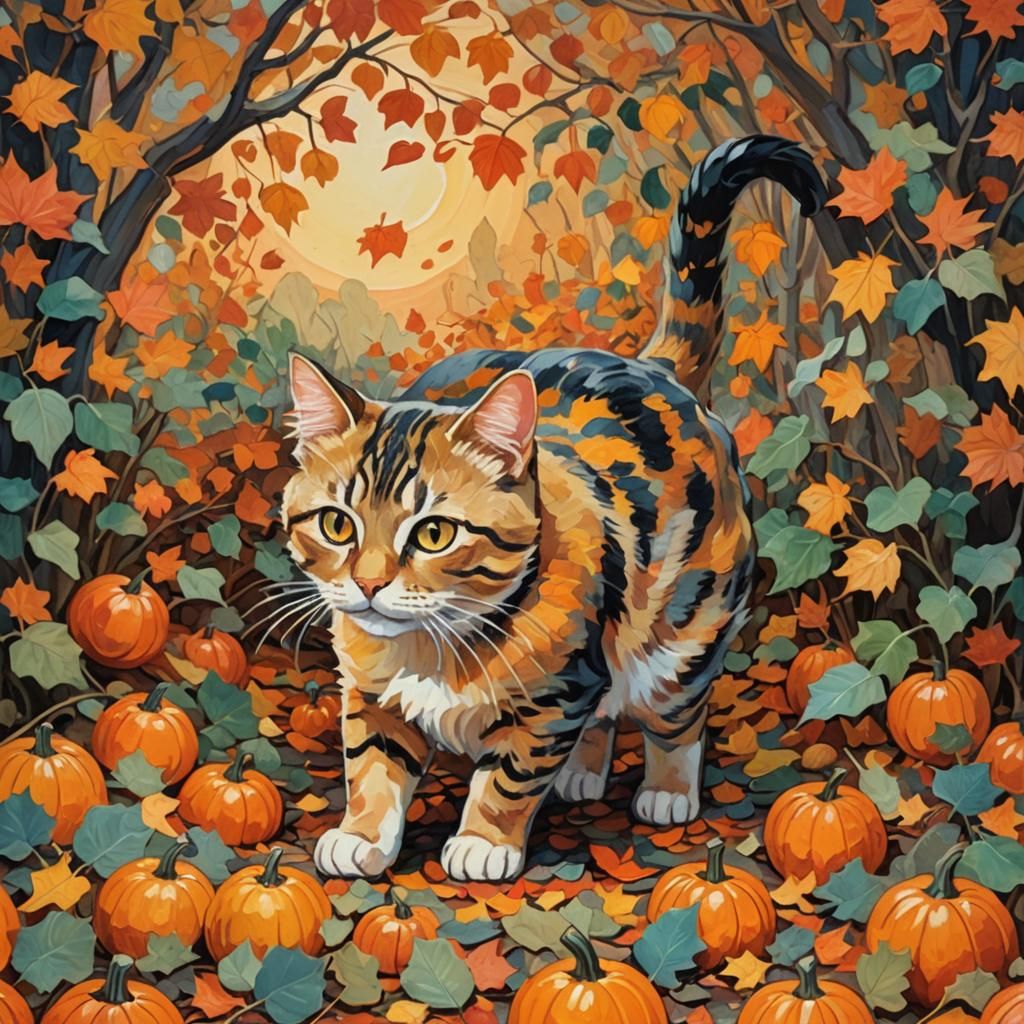Cat in Autumn Leaves: A Whimsical Gouache Painting