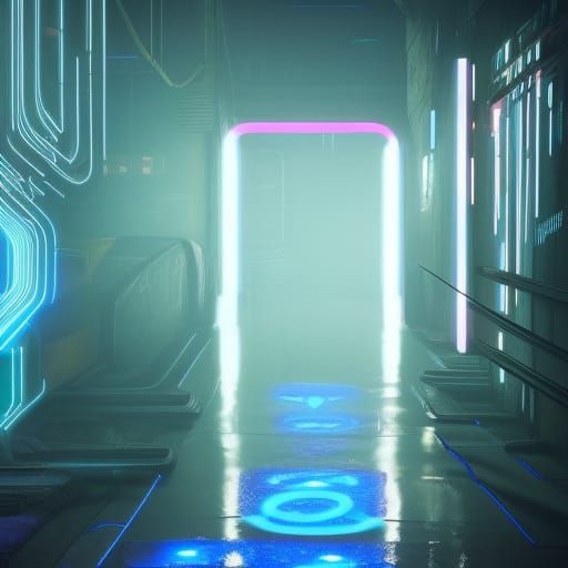 A blue hallway like area with a bunch of technology and line...