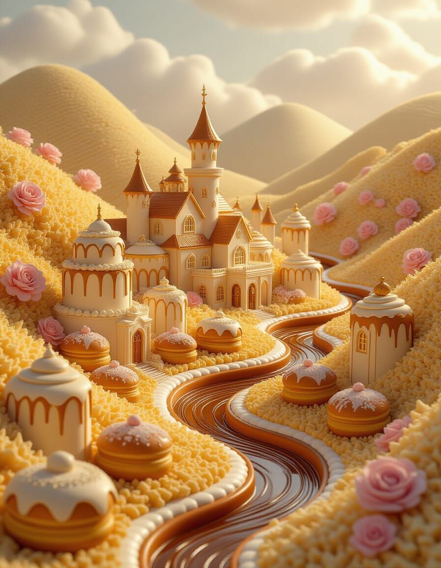 A whimsical village constructed entirely of colorful cream cakes and decadent pastries, nestled in a valley of rolling hills made of soft sp...