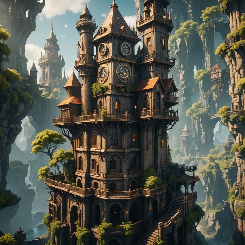 A Mystical tower, fantasy game, aesthetic, with a nature bac...
