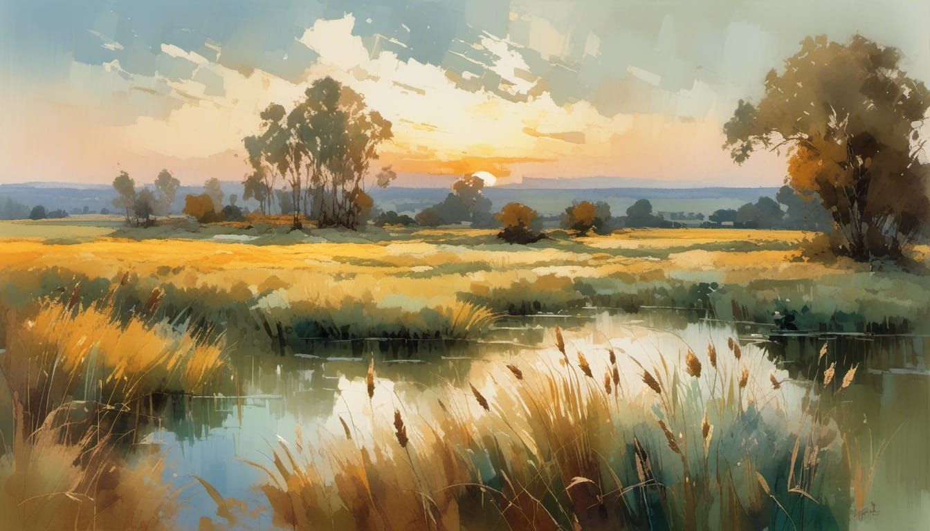 AR16x9-Vintage Masterpiece Art-Wheat Fields and lake at suns...