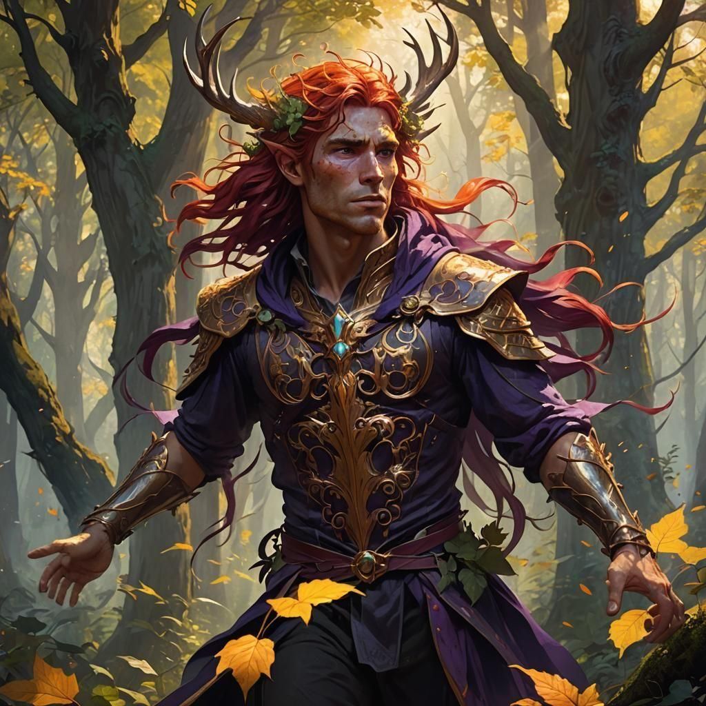 Adult male, fae, handsome, sunkissed, freckles, fiery red hair, wings, toned body, long luscious hair, pointy ears, stunning eyes, forest, t...