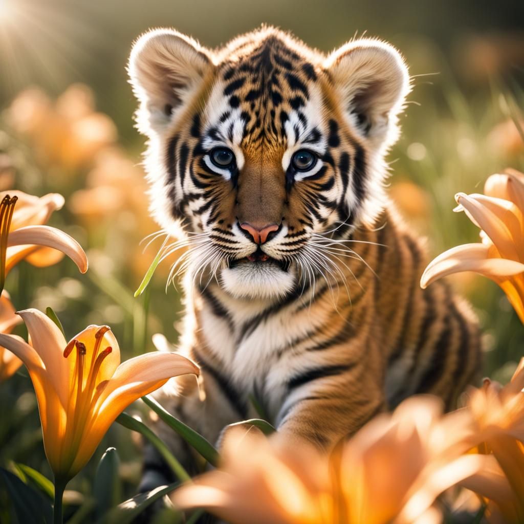 A baby amir tiger cub playing in a field of tiger lilies   by @Sean Wanderer