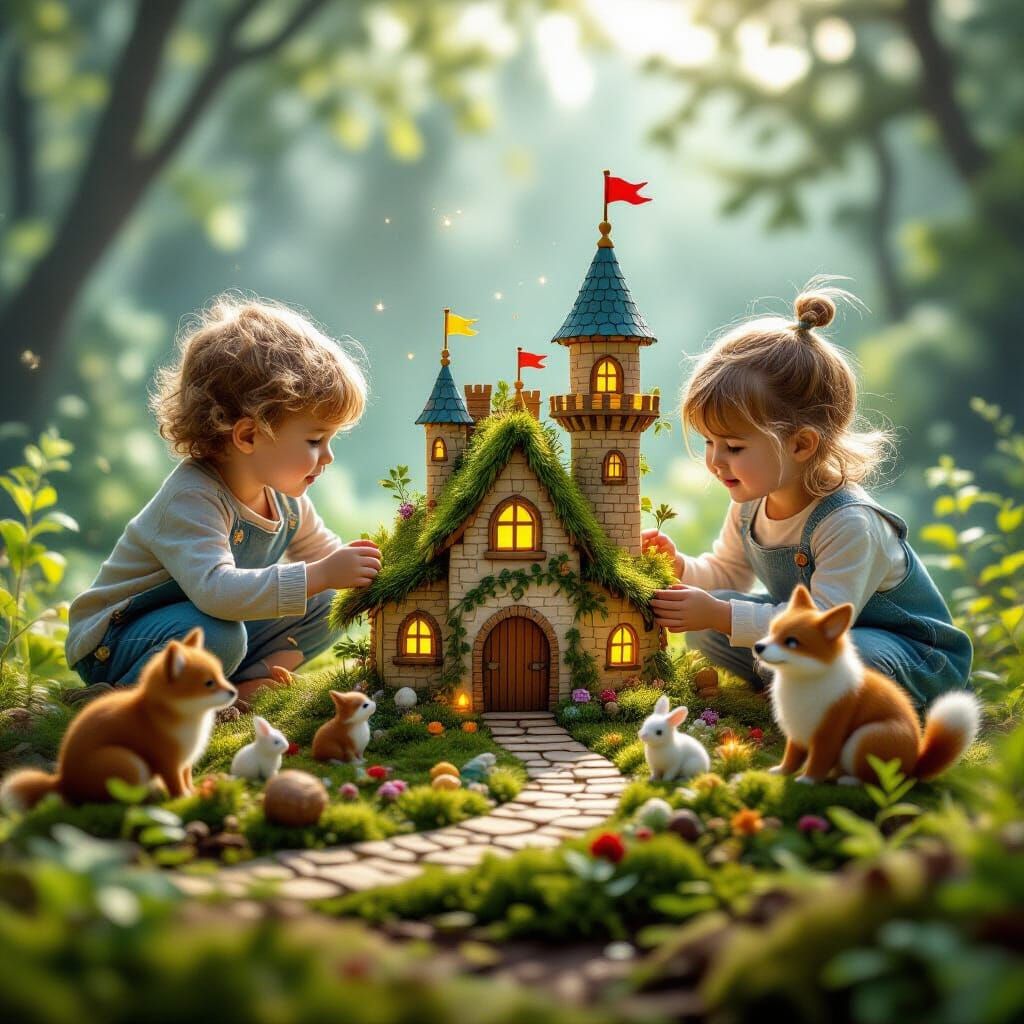 two children actively engaged in creating a miniature kingdom 