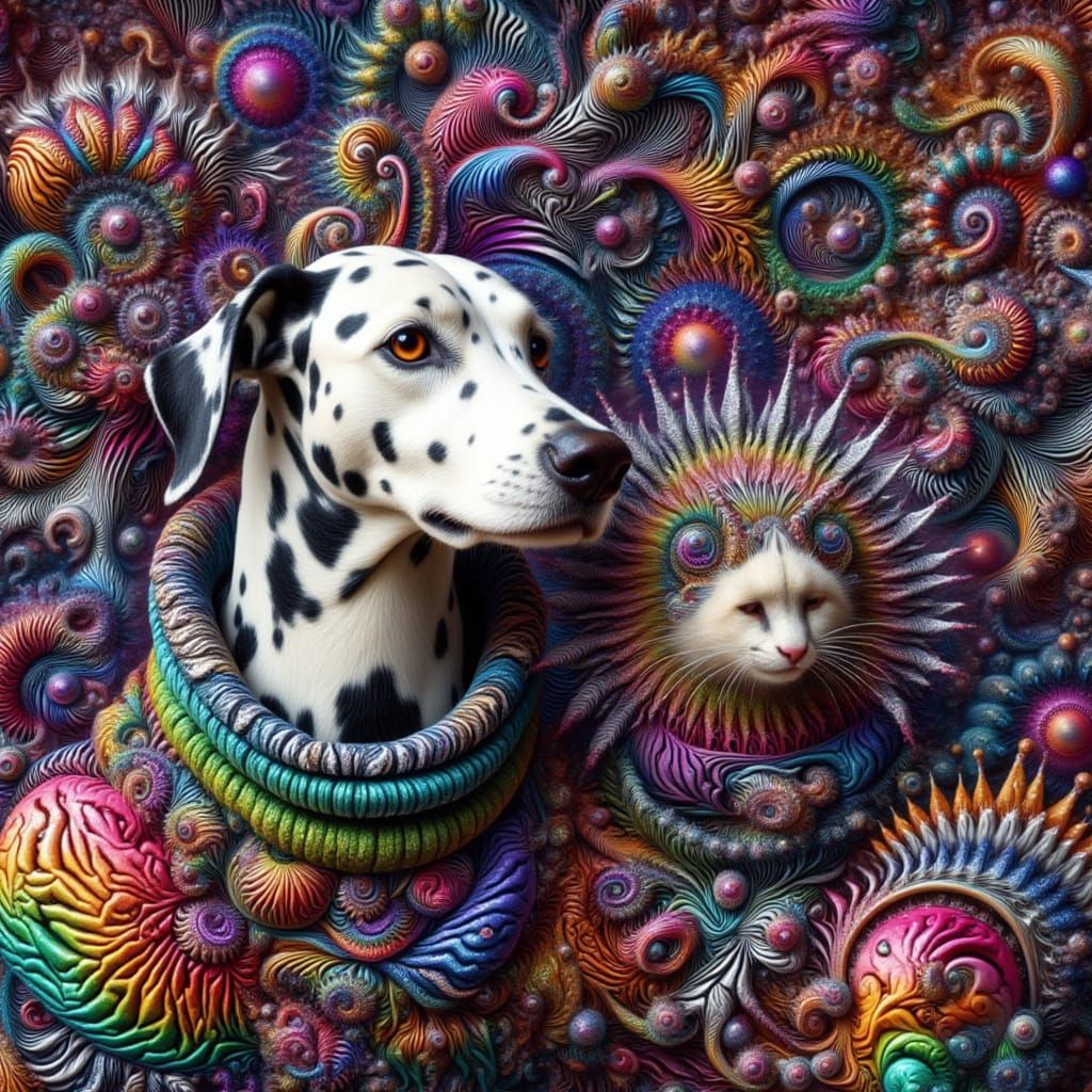 <lora:kkd-fractalcolor:1.0>dalmatian and Persia cat wearing a patterned coat, pointy hair, Fractal, surreal, colorful, zebra patterns, swirl