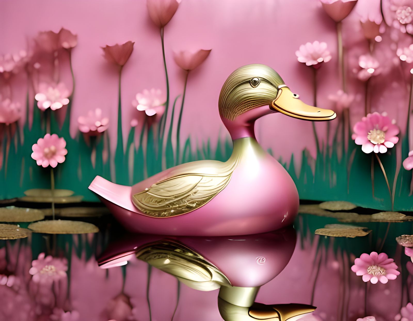 happy metal duck, intricate metallic pond backdrop, pink flowers <lora:MetalWorks-NSv3:1.0>