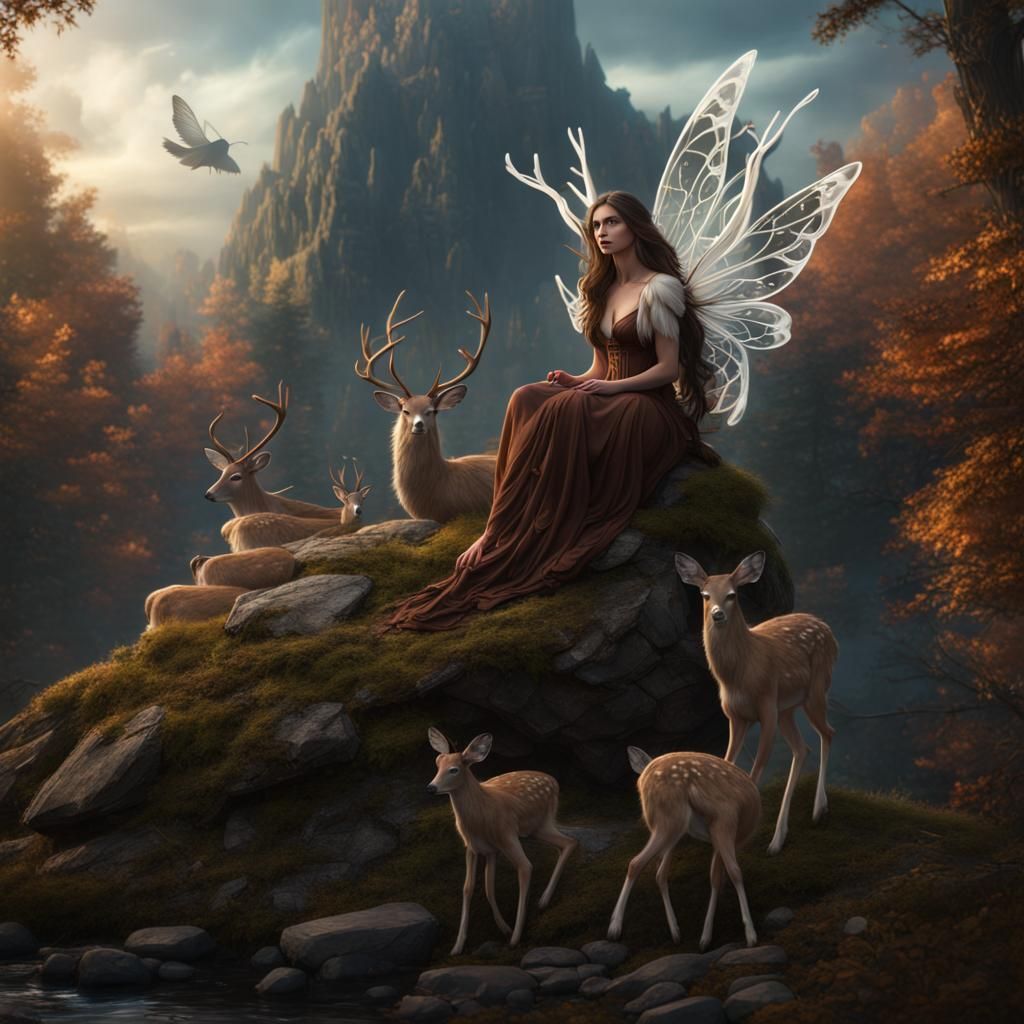 Appalachian fairy with large white moth wings and long brown hair surrounded by deer  by @Dandi
