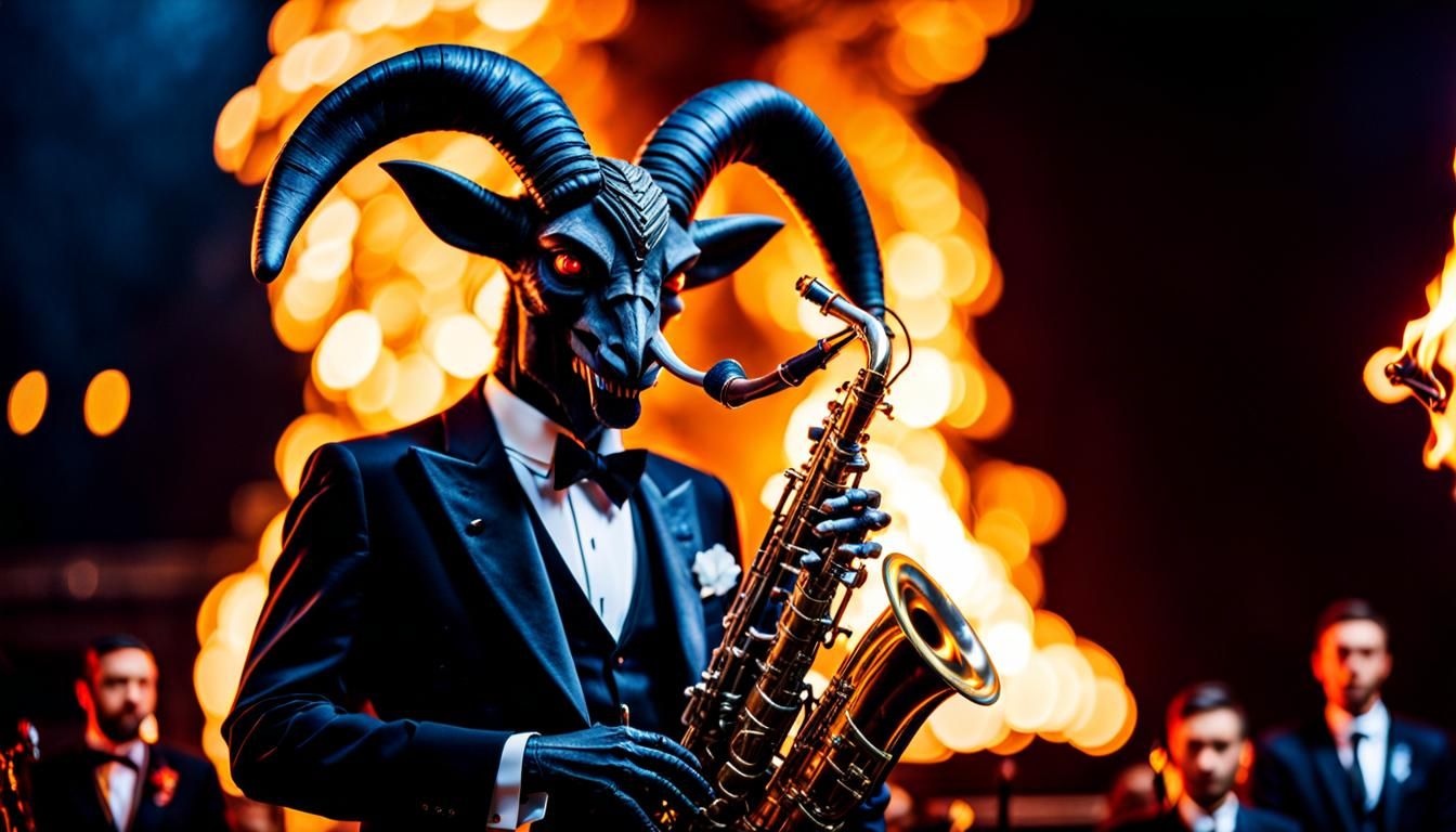 Baphomet is dressed in a nice suit in 1932, playing a saxophone that is on fire!!  by @Shawn