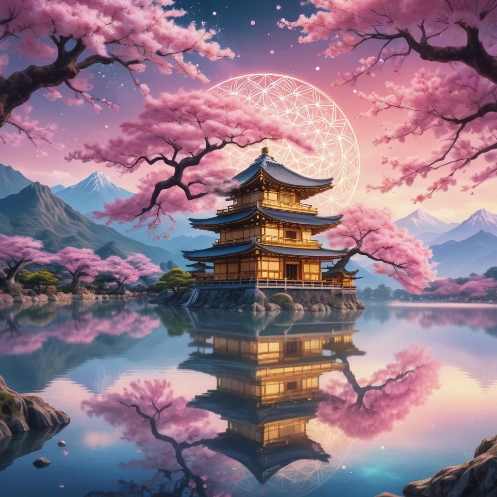 A beautiful ancient sakura tree in front of a lake. Mountains and temples in the background. Air brush 4.0 , light and shadow , HQ sacred ge...