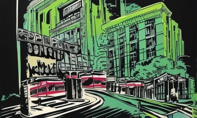 Comic City downtown, deep color psychedelic art underground comix sketch ink drawing on newspaper, wet brush, ink splash