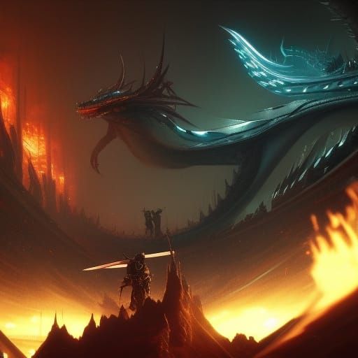samurai fighting a futuristic dragon in half medieval half c...