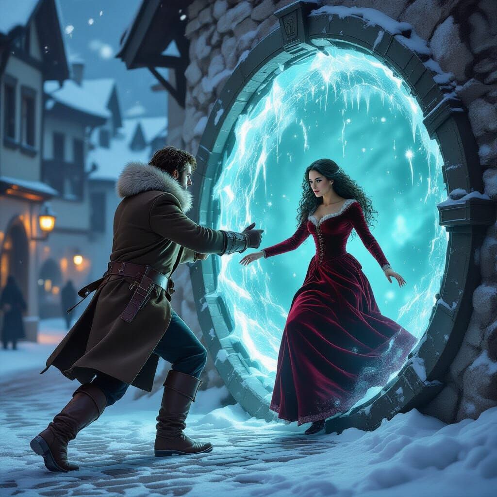 A hyperrealistic painting in the style of Caspar David Friedrich. Depict a snow-covered cobblestone street in a quaint 19th-century Austrian...