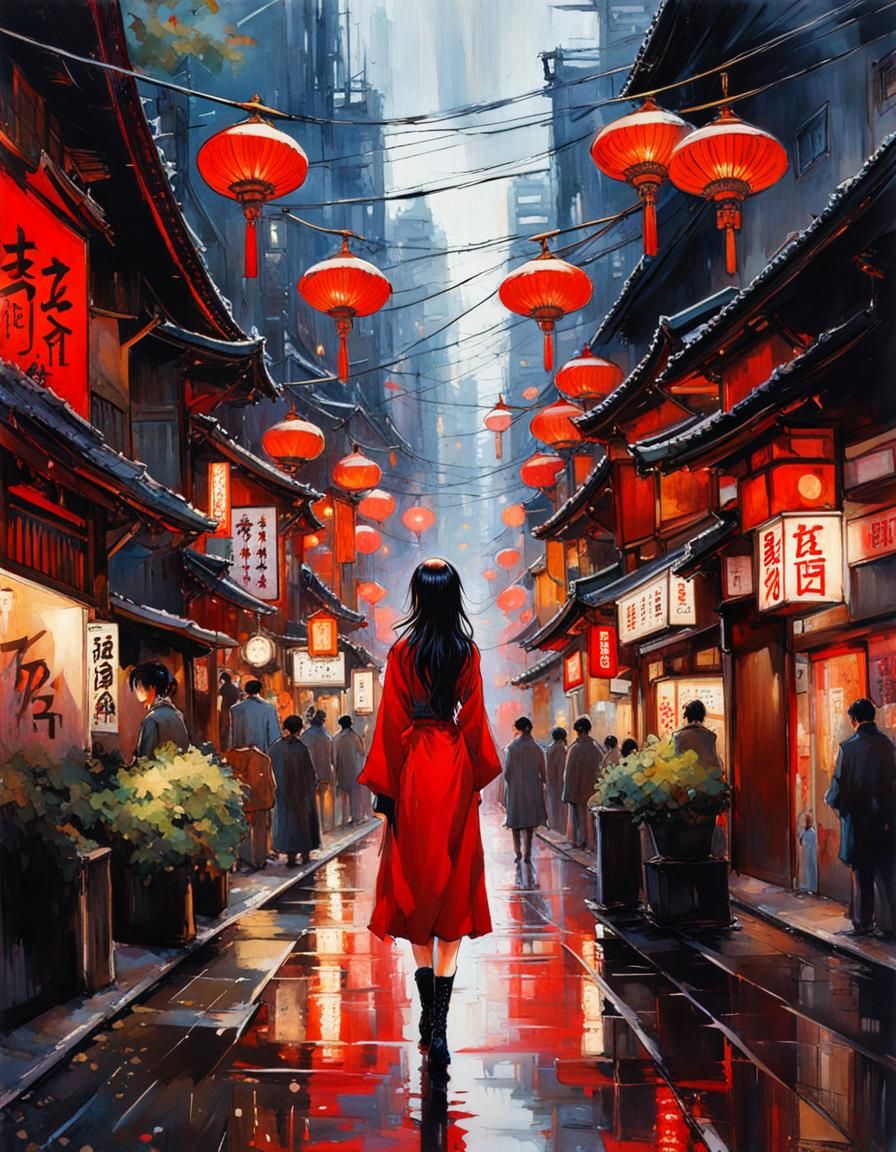 Japanese Girl in Tokyo Street: Splash Art