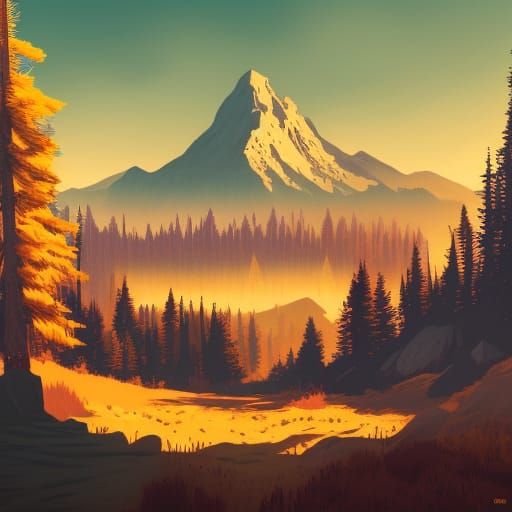 Firewatch art style forest with mountains in background. The sky has to ...