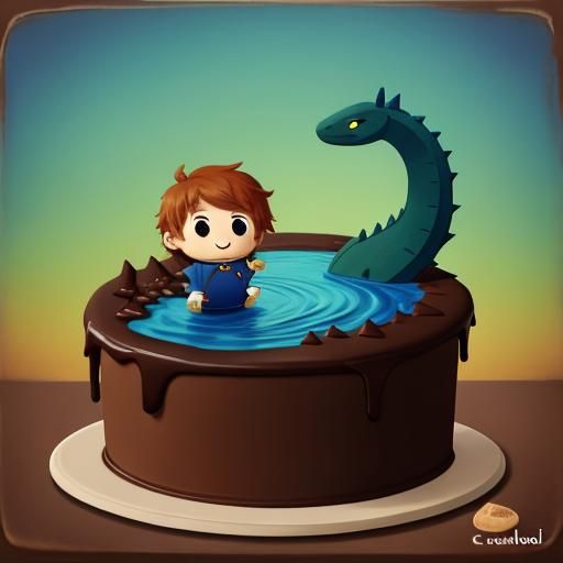 Chibi Loch Ness Monster in a Lake of Chocolate