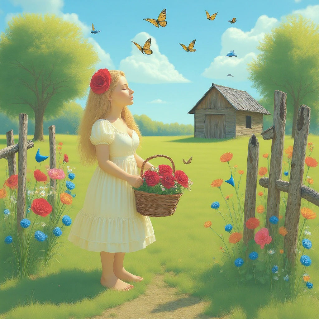 woman picking flowers in a field, looking up to the sky with a full basket of daisies red roses, with butterflies flying. with a small brown...