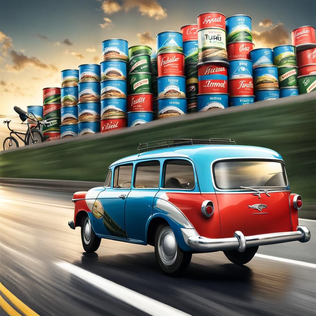 Can of tuna with tires on it racing down highway photorealis...