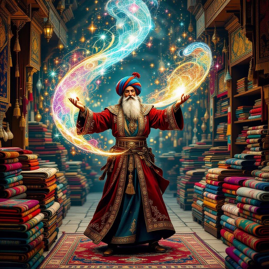A Persian magician of the 12th century creating magic flying carpets with his spells inside their flying carpet shop.