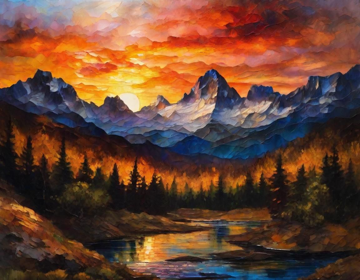 Majestic Mountain Range Sunset: Neo-Impressionist Oil Painti...