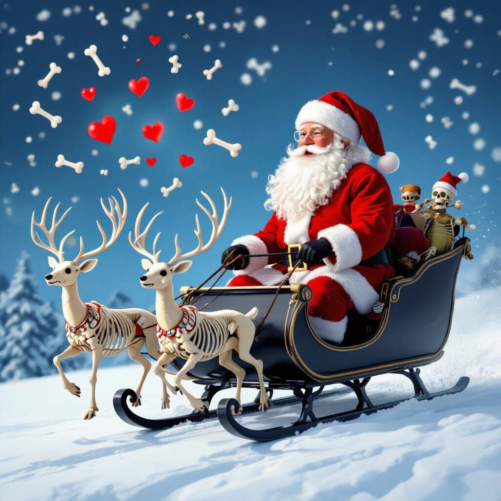 Santa Claus flying on a black sled guided with skeleton deers and launching bones-hearts to the air. 3d realistic anime, thick brush strokes... - Start Image 1