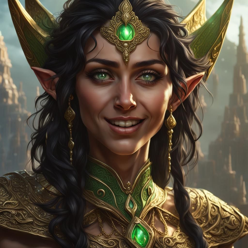 Dark-haired close-up | tan-skinned petite elf priestess | green-eyes ...