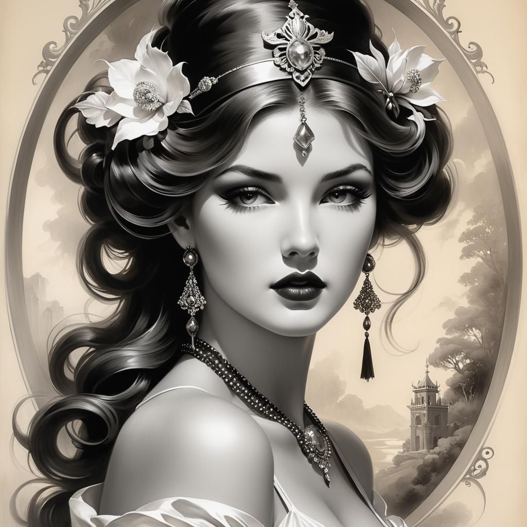 Monochrome Sepia Portrait on Parchment with Fantasy Elements