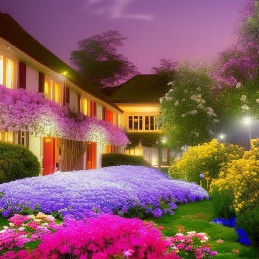 Flower-Covered Houses Under Starry Night