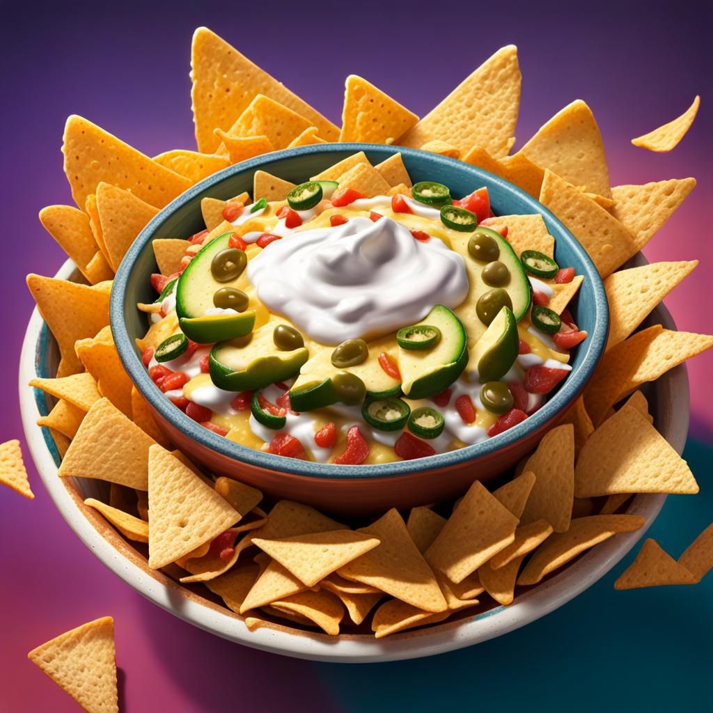 exaggerated bowl of nachos, cheese, jalapenos, multi-colored tortilla ...