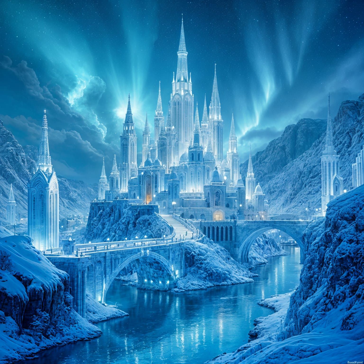 Fantastical Ice City with Aurora Borealis