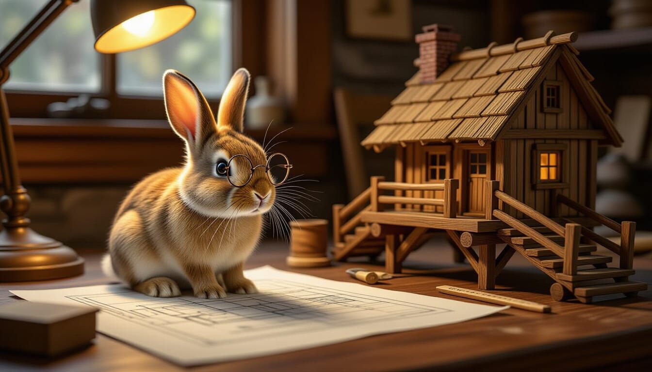 "Photorealistic illustration of a small, focused brown rabbit wearing tiny, round spectacles perched on its nose. The rabbit is standing on ...