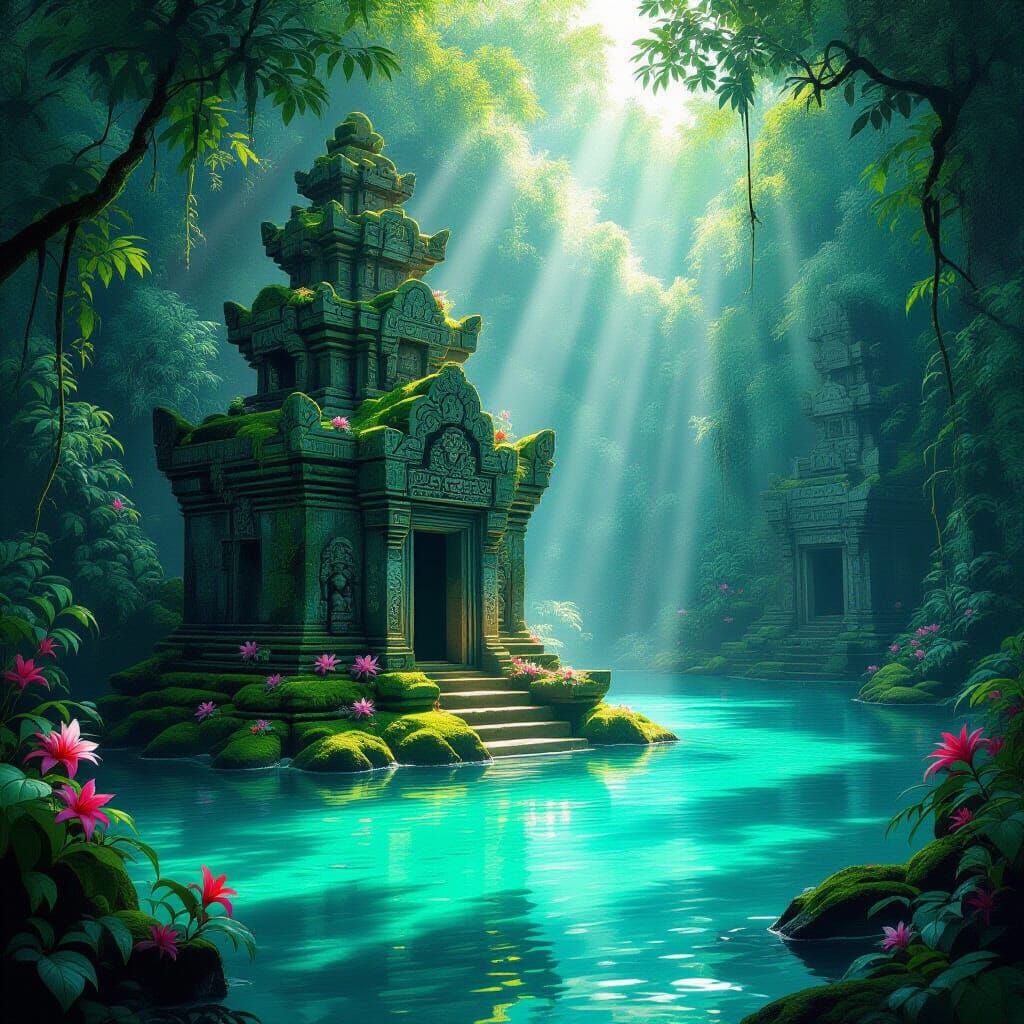 An abandoned, moss-covered stone temple stands partially submerged in a crystal-clear, turquoise lagoon. Sunlight filters through the dense ...