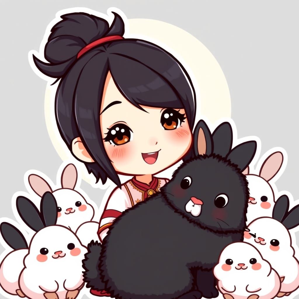 Chibi Thai Woman with Bunny on the Moon