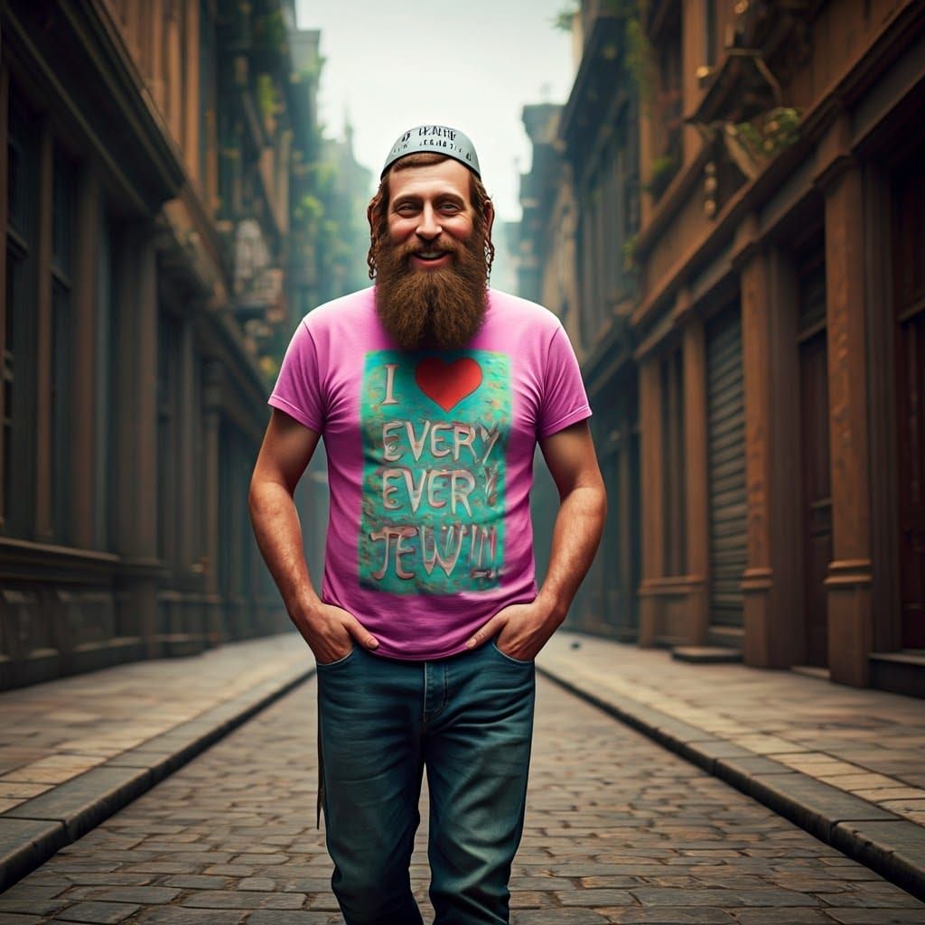 Joyful Hasidic Jewish Man Strides Through Vibrant City Stree...