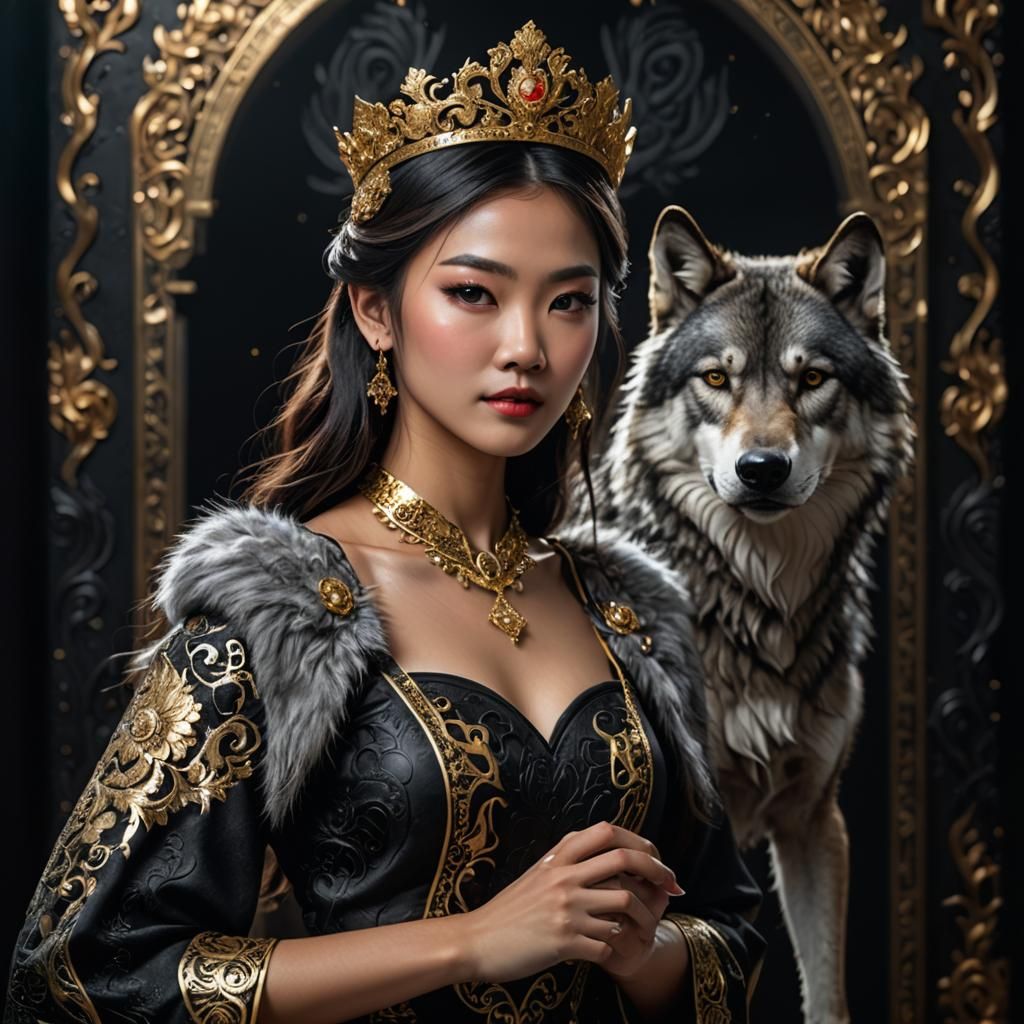 Modern Asian girl wearing a tiara, large wolf standing behin...