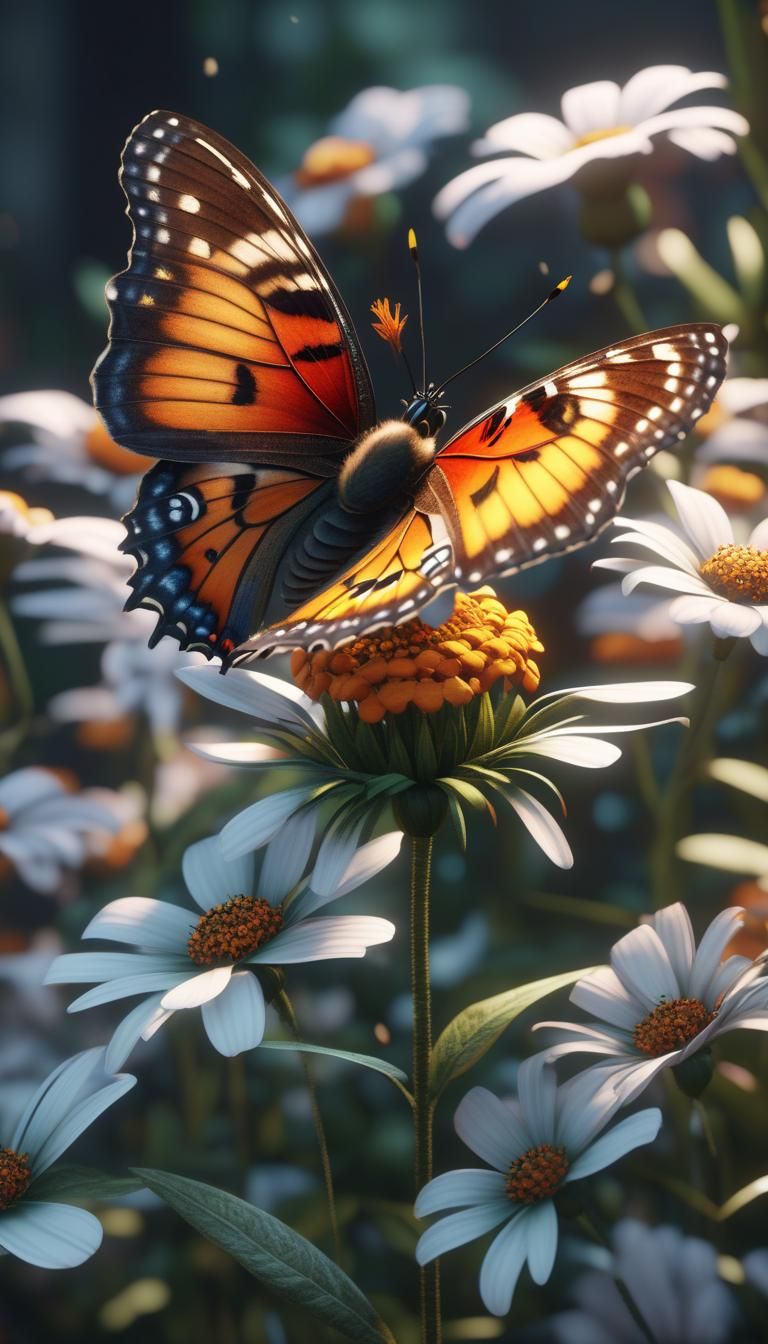 A beautiful butterfly pollinating a flower intricate detail, photo realistic, 64 megapixels ,unreal engine, ...  by @Silken