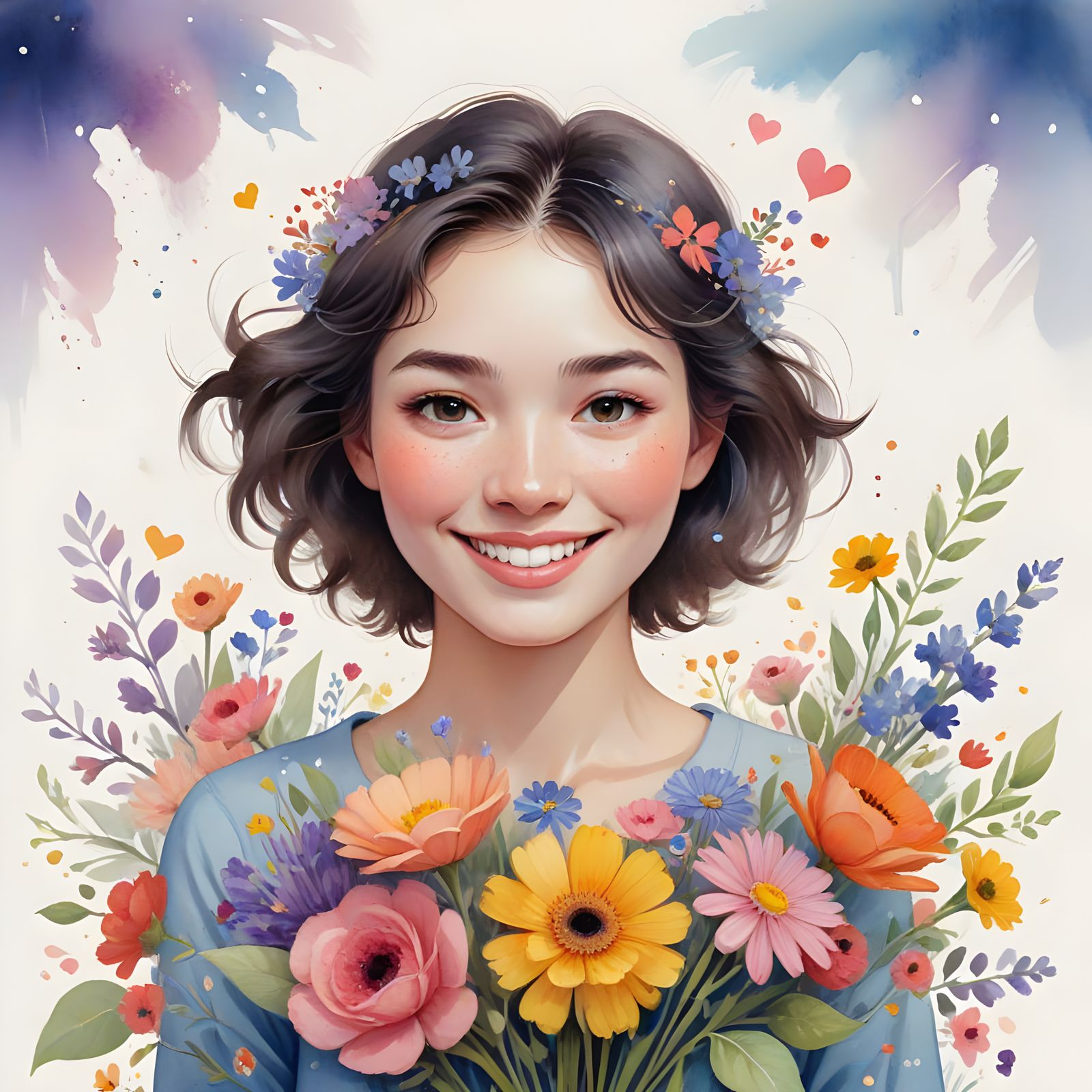 Joyful Woman Surrounded by Whimsical Flowers in Hand-Drawn S...