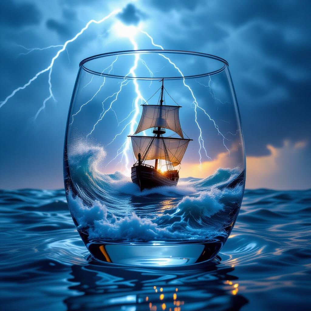 A surreal and dramatic scene of a storm in a glass of water - crashing waves, flashing lightning and ...  by @BINA