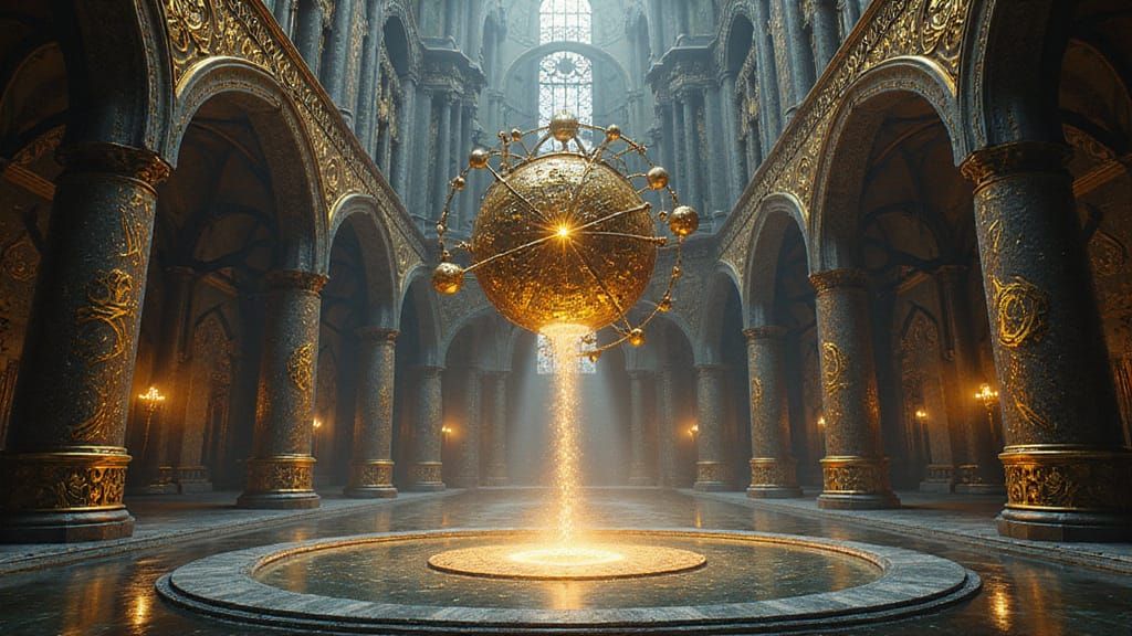 _A photorealistic, hyperrealistic depiction of a vast and ancient cathedral suspended in a void of infinite stars, where time itself seems w...